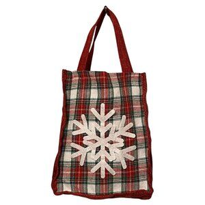 Christmas Fabric Gift Bag 7.5x10 Mini Tote Snowflake Red Plaid